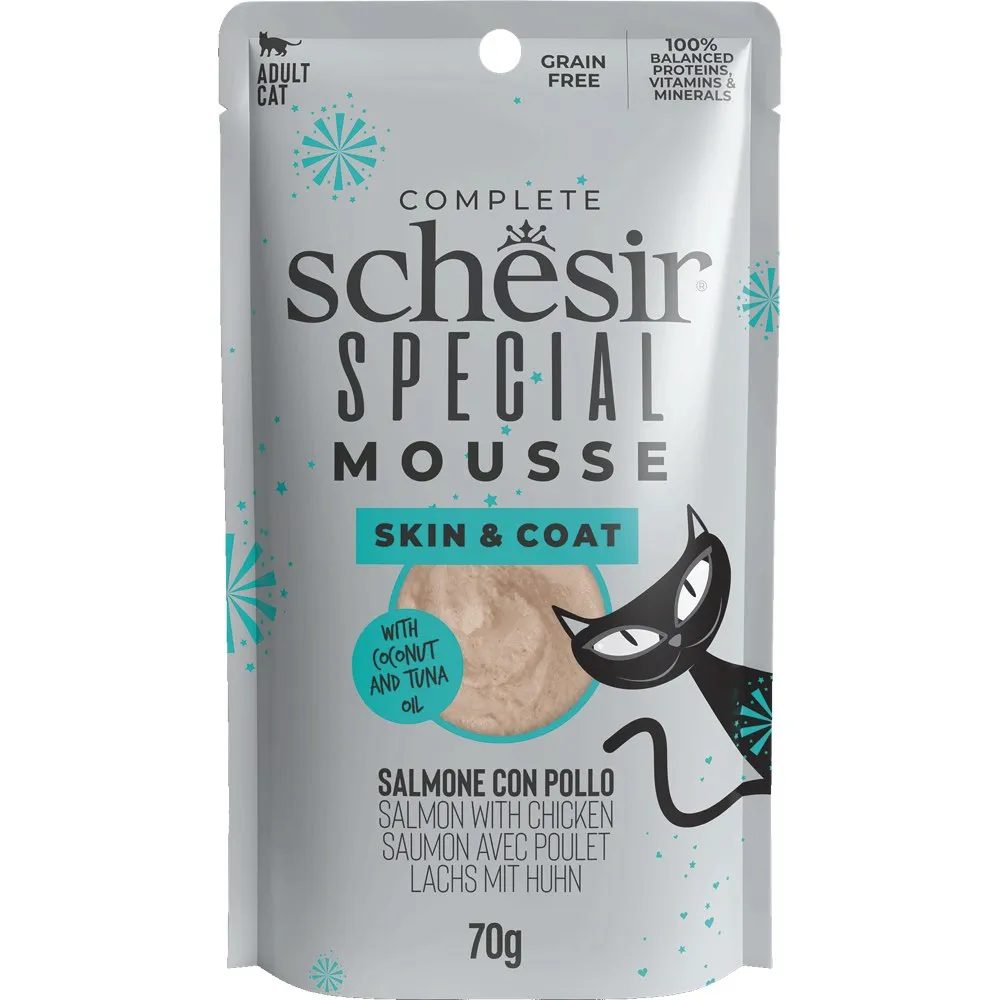 15% OFF: Schesir Special Mousse Skin & Coat Salmon With Chicken Grain-Free Adult Pouch Cat Food 70g