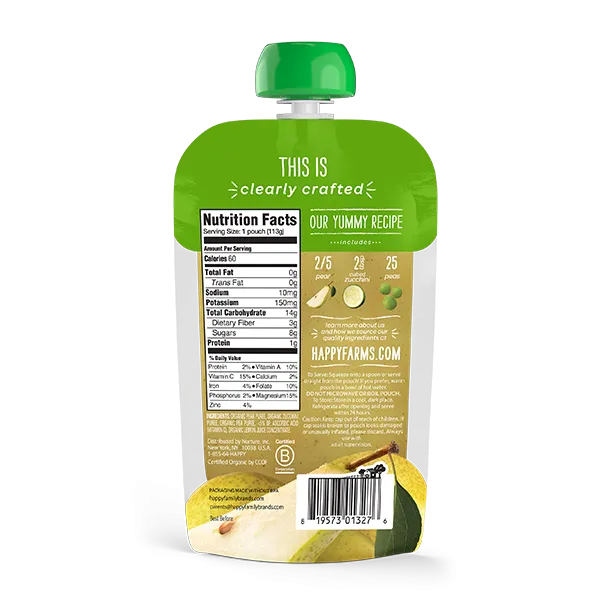 Happy Baby  Happy Family Happy Baby Stage 2 (6  months) Clearly Crafted - Pears Zucchini & Peas, 113g. (2 PACK BUNDLE) Exp: