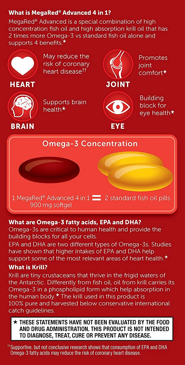 ITEM# 0088   MegaRed Fish Oil   Krill Oil 900mg Omega 3 Supplement with EPA & DHA, Supports Heart, Brain, Joint and Eye Health, No Fishy Aftertaste (Watch Video)