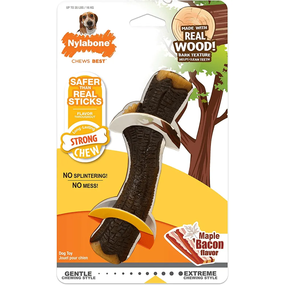 Nylabone Puppy Teething Maple Bacon Flavoured Stong Chew Real Wood Sticks Toy for Dogs (Brown)