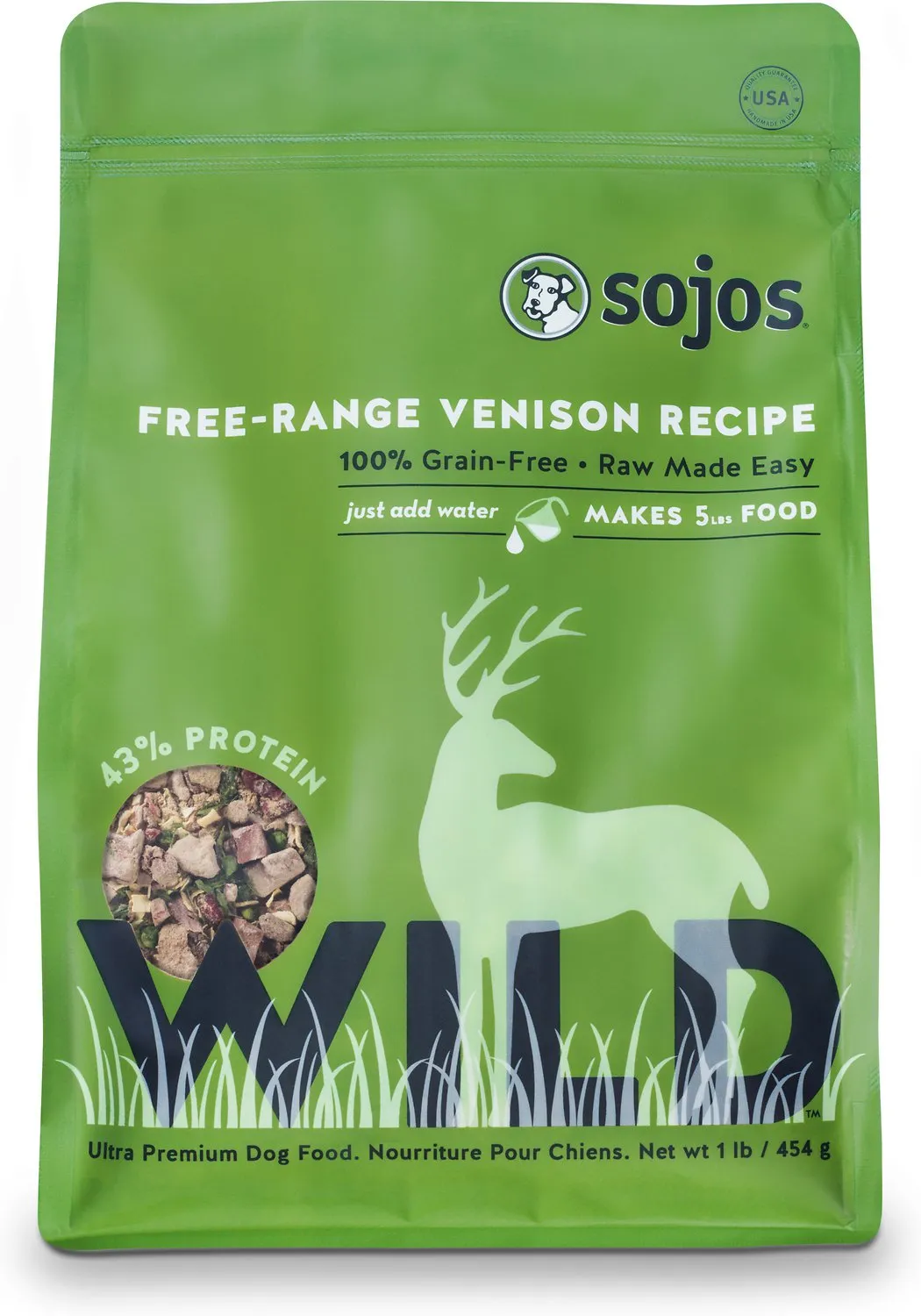 Sojos Wild Free-Range Venison Recipe Raw Dehydrated Dog Food 1lb